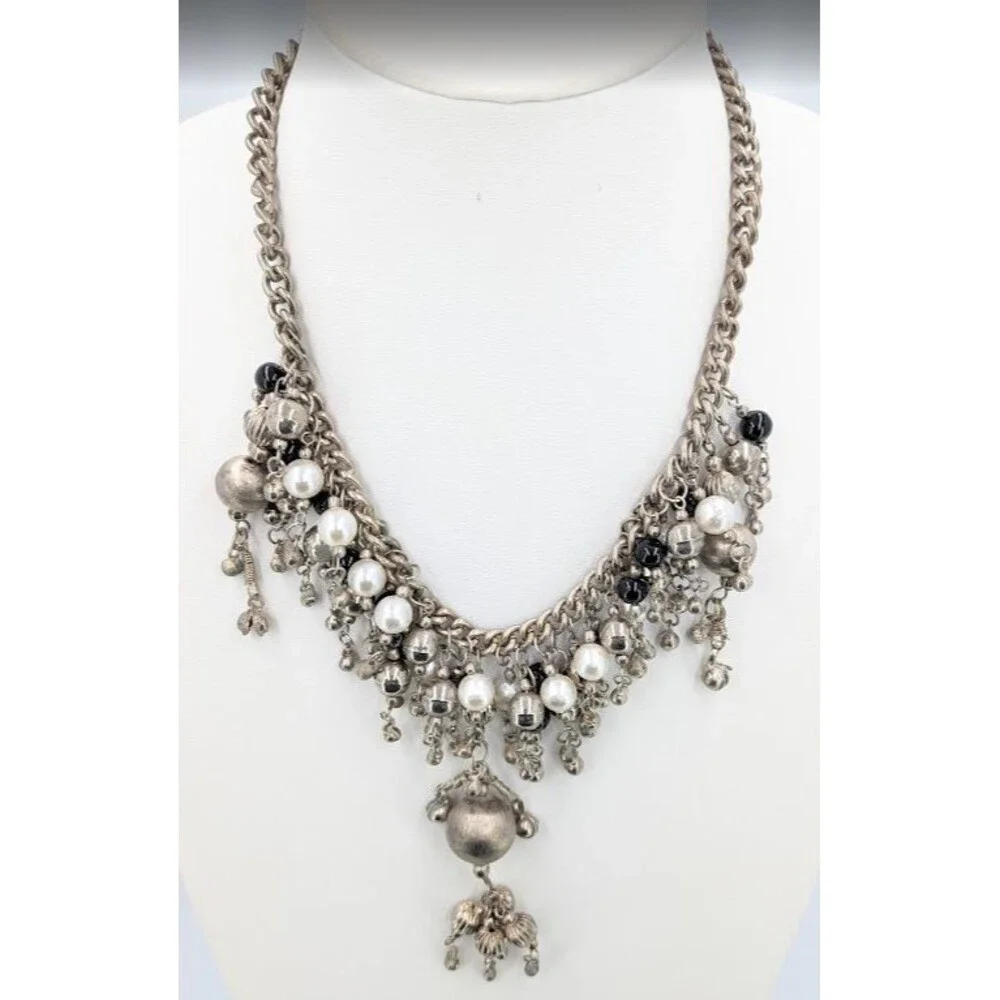 Statement Bib Necklace Silver Tone Faux Pearl Black Bead Cha Cha Charm 19 Inch
